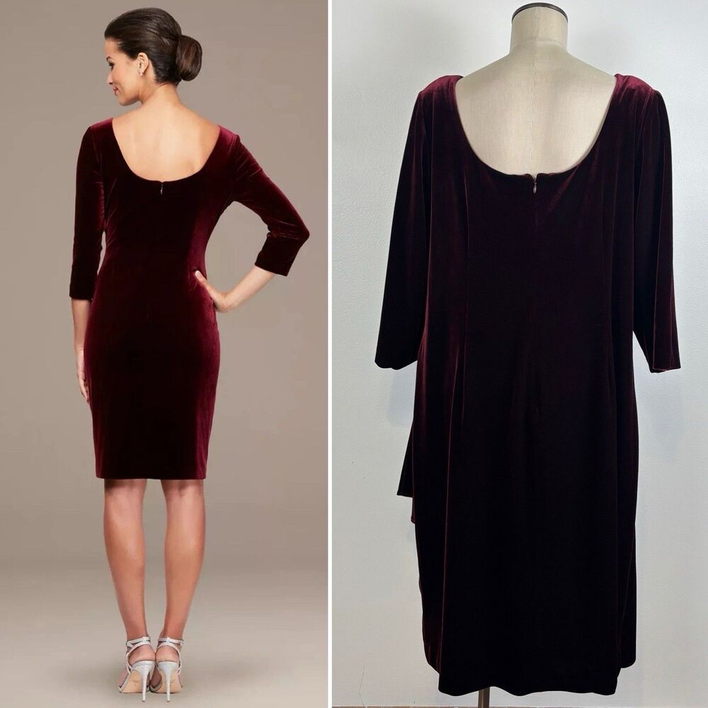 ALEX EVENINGS Wine Burgundy Stretch Velvet Side Ruched Embellished Dress 20W - Picture 4 of 9